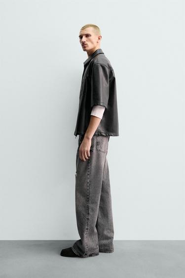 Zara RELAXED FIT FAUX LEATHER OVERSHIRT - Black