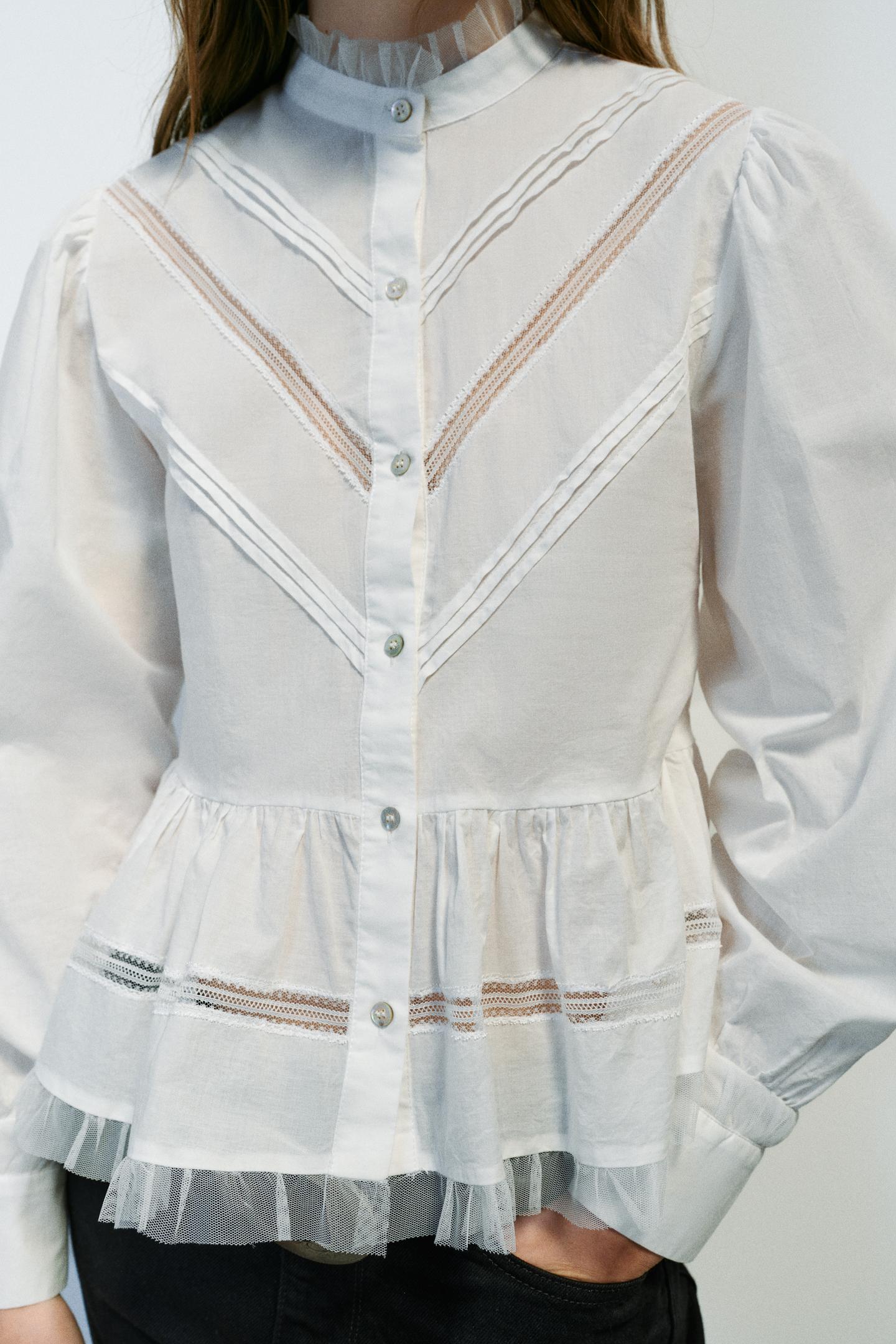 Женская блузка Zara Romantic Tulle Combined Blouse, цвет: Устричный белый — фото 2