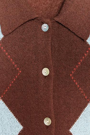 DIAMOND PATTERN KNIT POLO TOP - Brown-Blue by Zara - Image 6