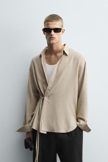 LINEN-VISCOSE TIE SHIRT - Sand by Zara