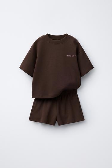 SLOGAN INTERLOCK T-SHIRT AND BERMUDA SHORTS SET - Brown by Zara - Image 0