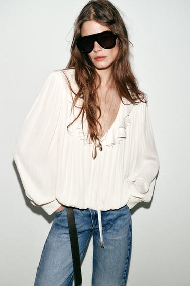 SATIN BLOUSE WITH RUFFLES AND SHOULDER PADS - Ecru by Zara - Image 2