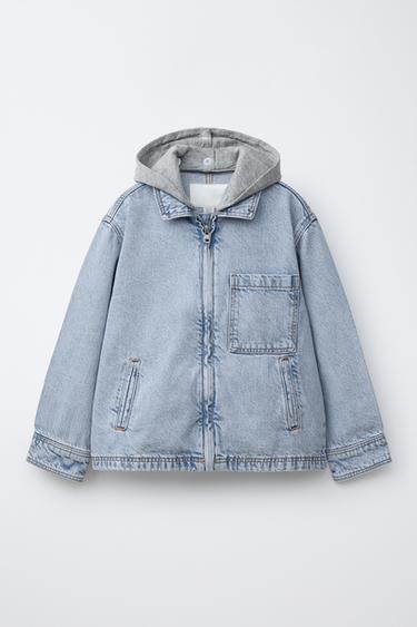 Zara DENIM OVERSHIRT WITH REMOVABLE FLEECE HOODIE - Mid-blue