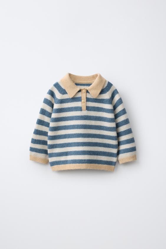 STRIPED KNIT POLO JUMPER - Mid-blue by Zara - Image 0