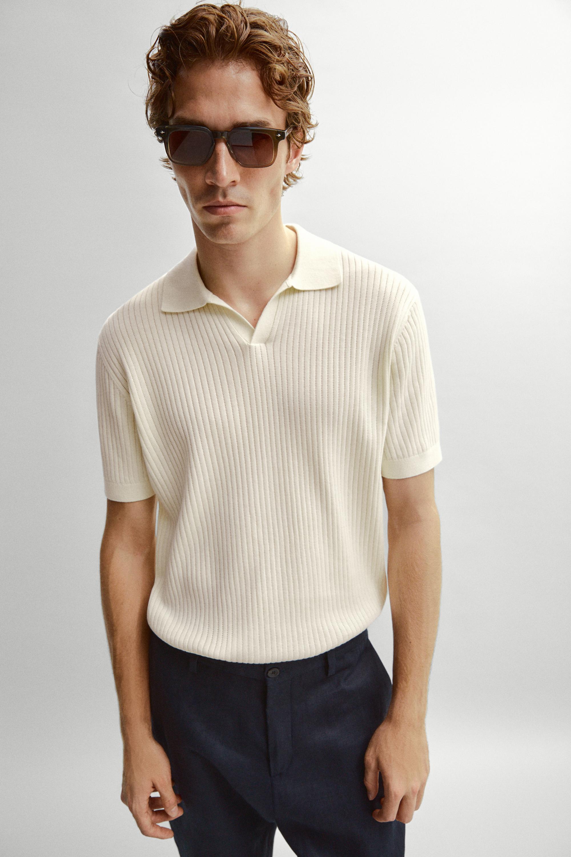 100% cotton ribbed knit polo sweater — Biscuit