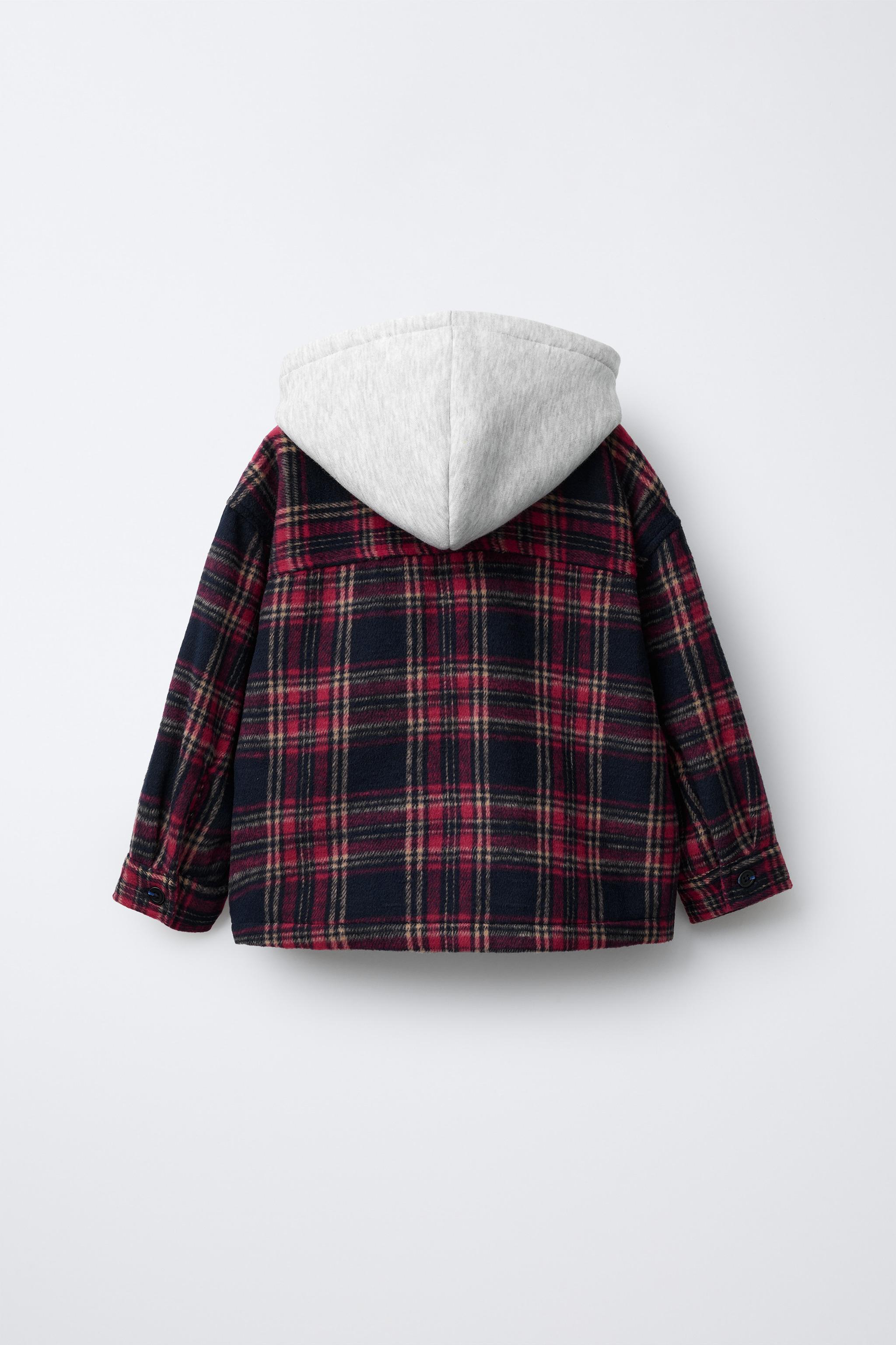 フード付きチェック柄シャツジャケット - レッド | ZARA Japan / 日本