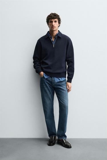 Zara INTERLOCK ZIP POLO SWEATSHIRT - Navy blue - Image 0