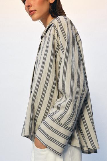 ZW COLLECTION OVERSIZE STRIPED SHIRT - Beige / Navy by Zara - Image 4