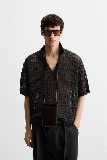 Zara OPEN KNIT POLO SHIRT - Charcoal
