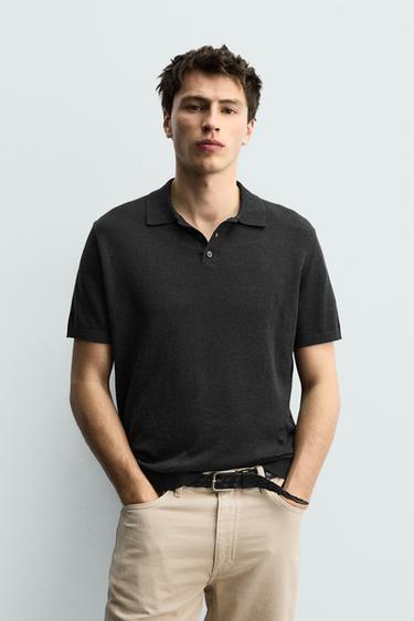 LINEN/COTTON KNIT POLO SHIRT - Anthracite Grey by Zara