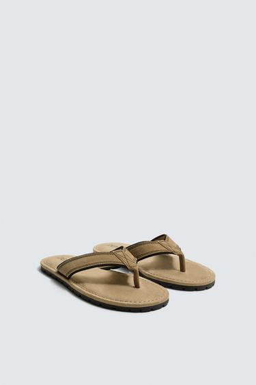 Zara LEATHER STRAP SANDALS - Beige