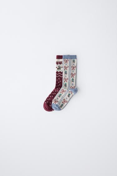 Zara TWO-PACK OF LONG SOCKS WITH GREEK KEY AND BOW PRINT - Maroon