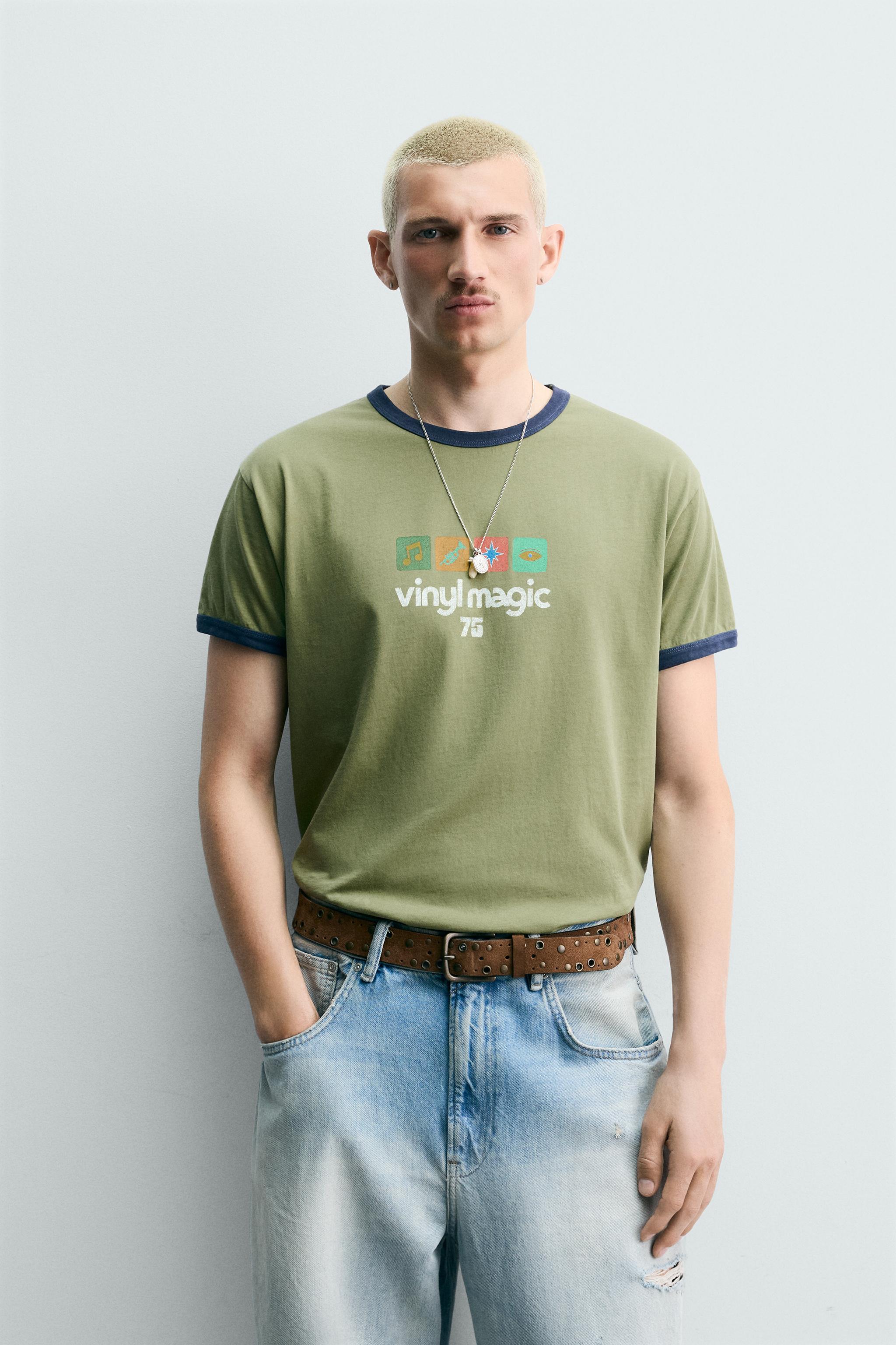 WASHED PRINT CONTRAST RIB T-SHIRT