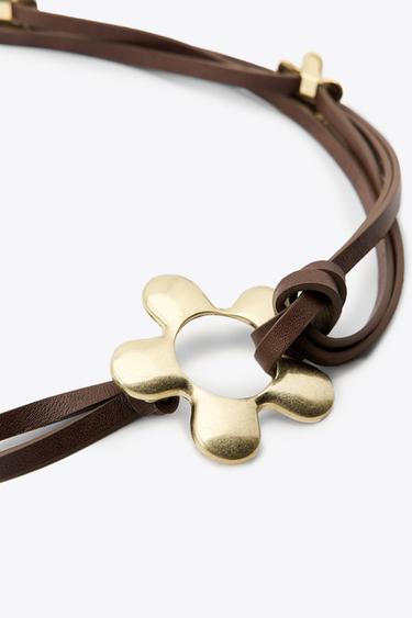 LEATHER CORD BELT WITH FLOWERS - Brown by Zara - Image 1