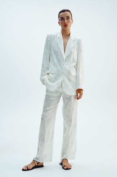 SEQUINNED STRAIGHT-LEG TROUSERS - Oyster-white by Zara