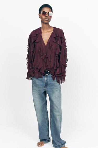 Zara RUFFLED BLOUSE ZW COLLECTION - Burgundy - Image 0