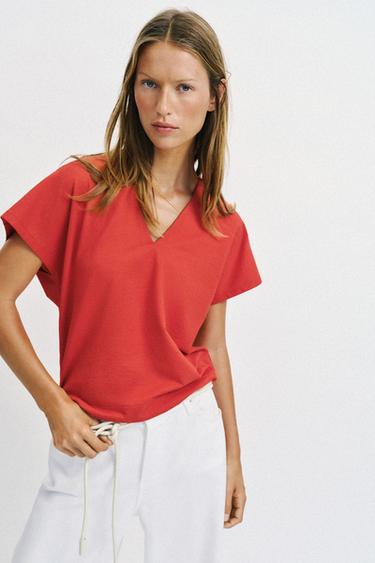 HAUT RUSTIQUE COL EN V - Corail de Zara - Image 1