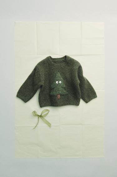 Zara EMBROIDERED TREE KNIT SWEATER - Mid-green
