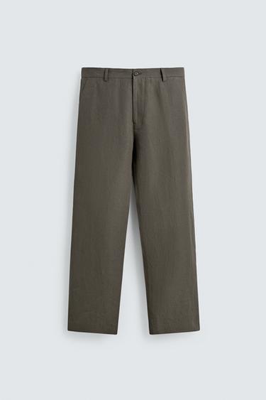 100% LINEN STRAIGHT-LEG TROUSERS - Grey green by Zara