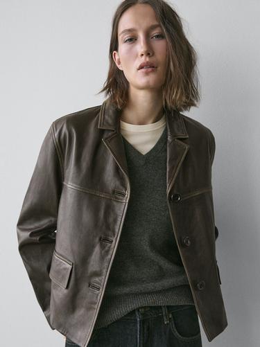 Zara Nappa leather jacket with lapel collar - Green