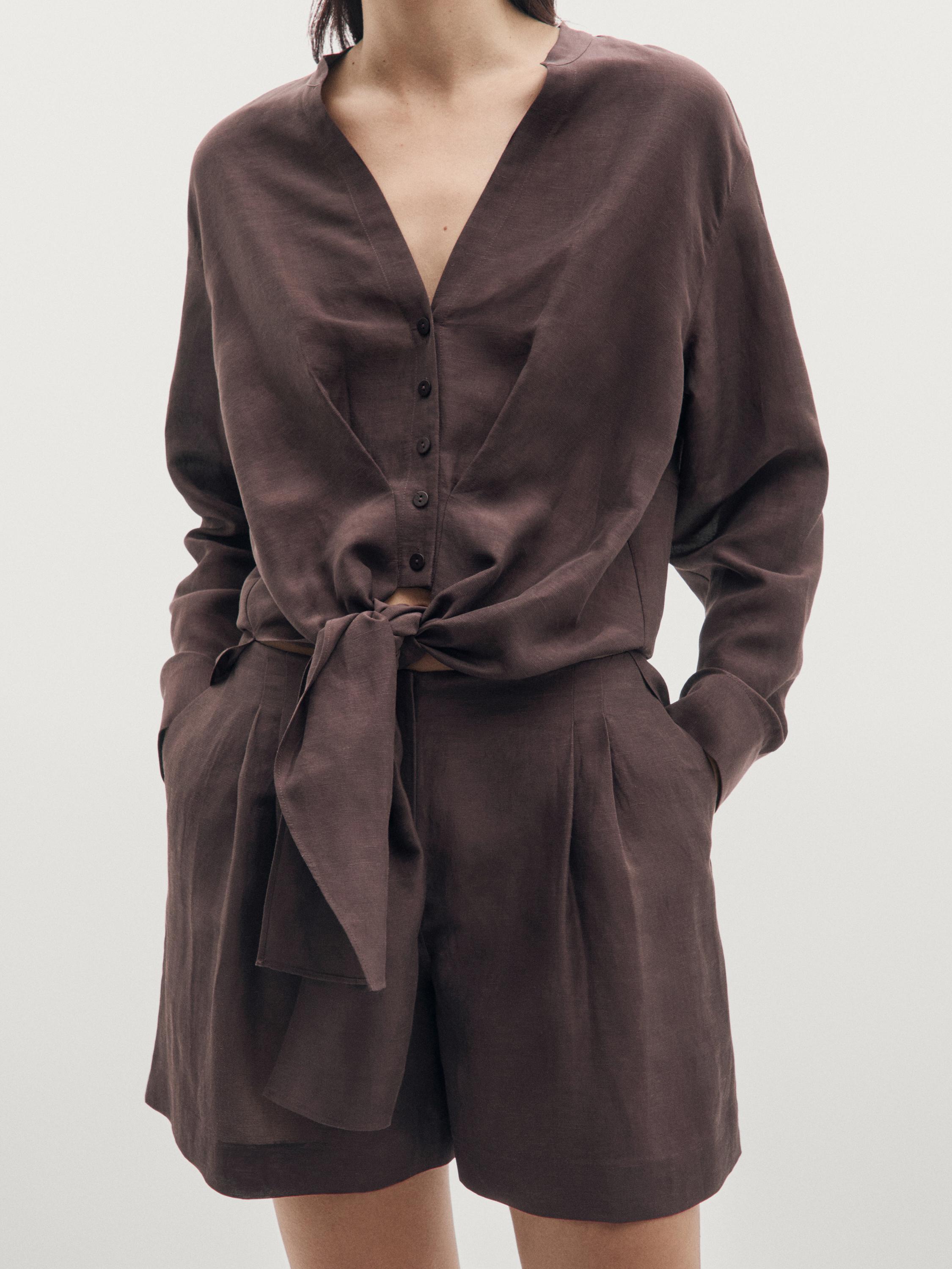 Short pleated linen blend Bermuda shorts