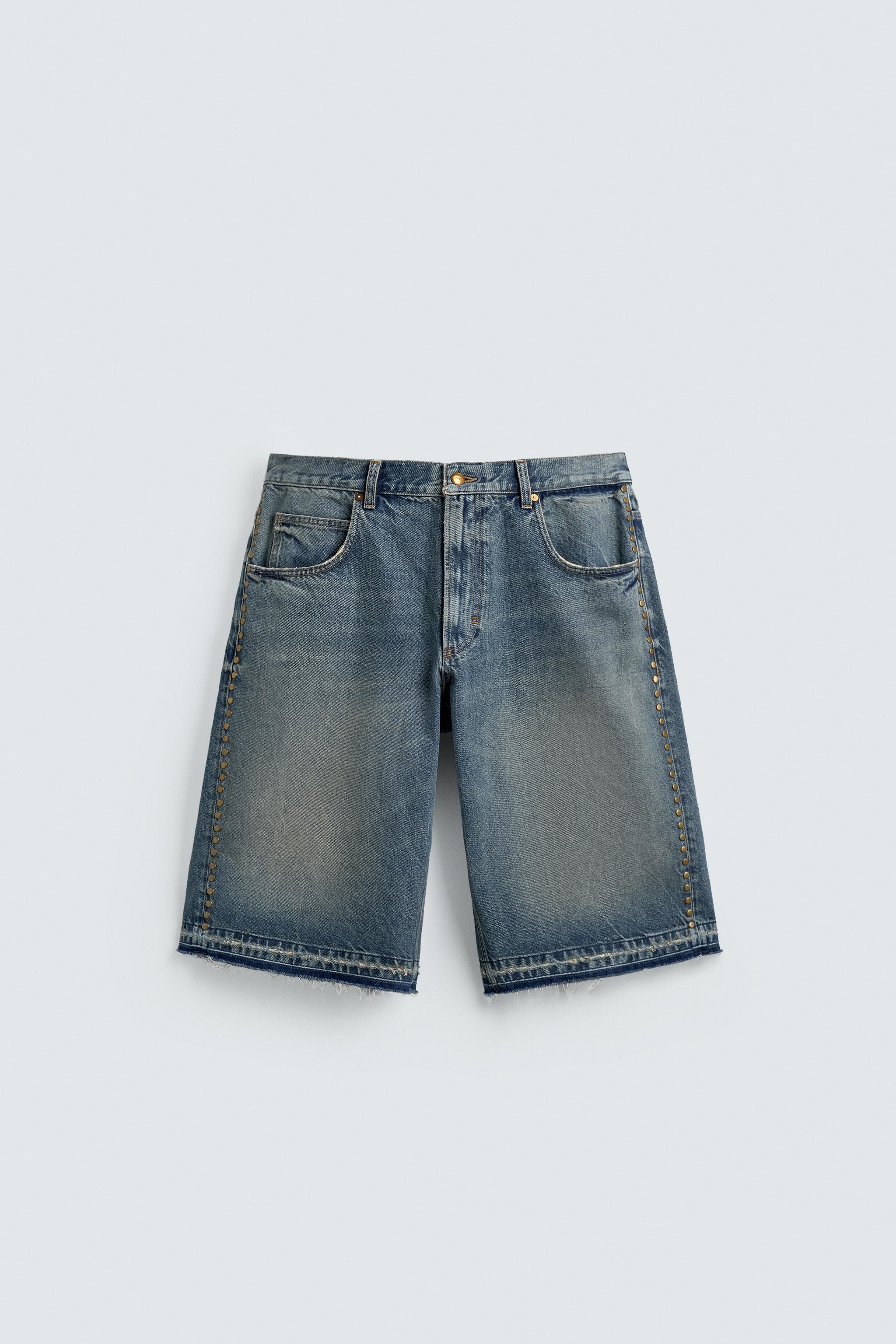 METALLIC STUD BAGGY FIT DENIM SHORTS - Blue | ZARA United States