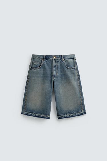 Zara 金屬鉚釘寬鬆牛仔短褲 - 藍色