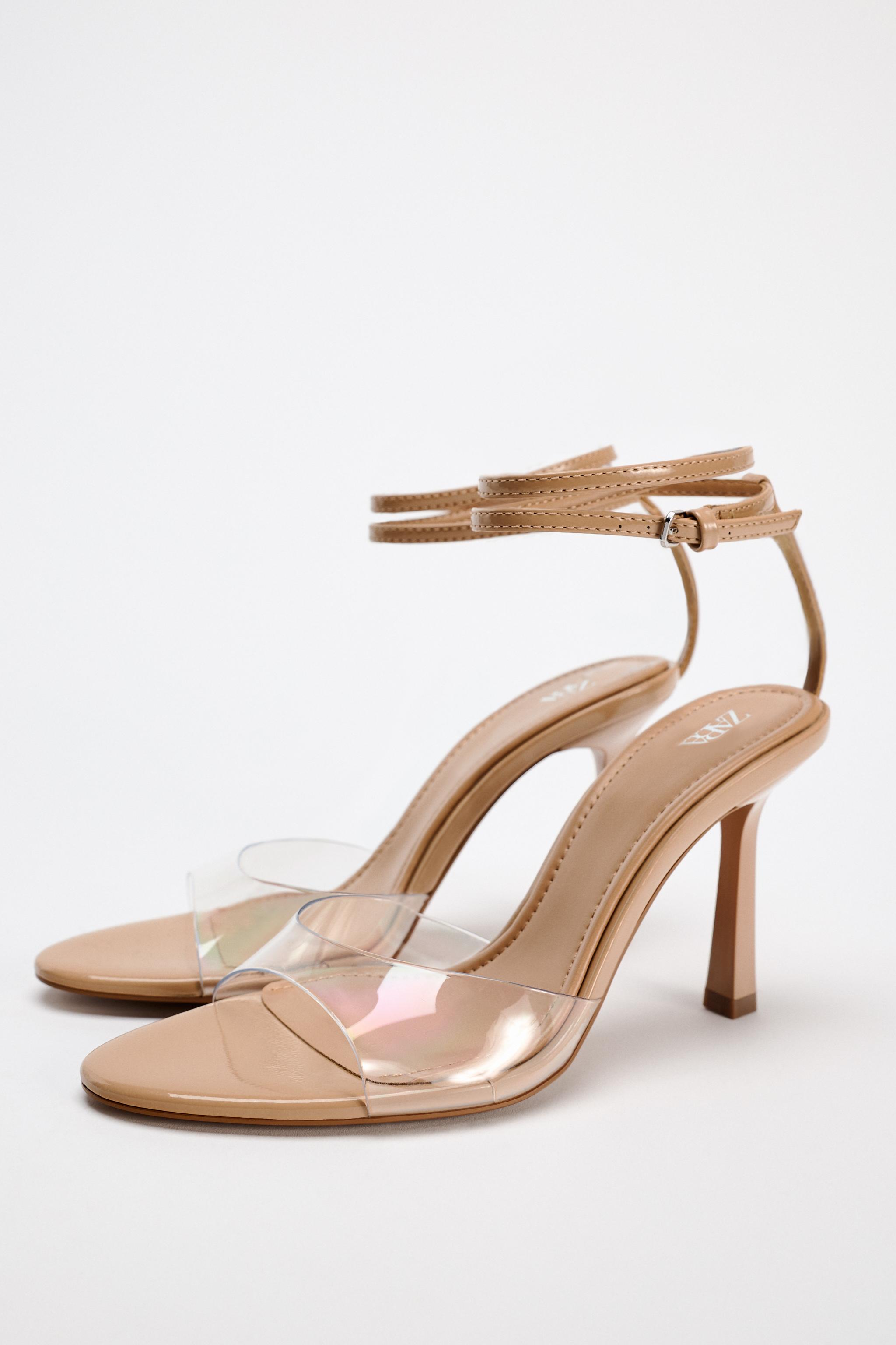 HIGH HEELED VINYL ANKLE STRAP SANDALS