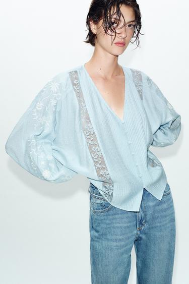 CONTRAST EMBROIDERED BLOUSE - Pastel blue by Zara - Image 2