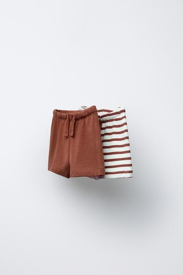 Zara TWO-PACK OF STRIPED AND SOLID SHORTS - Brick