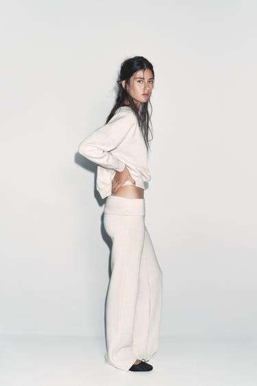 Zara 翻邊腰身長褲 - 斑紋米色