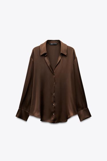 Zara SATIN EFFECT BASIC SHIRT - Brown