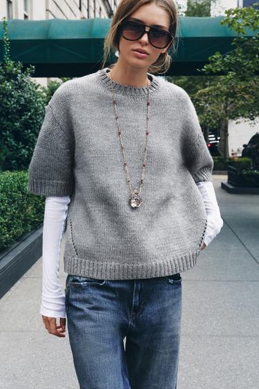 PULL EN MAILLE OVERSIZE À MANCHES COURTES - Gris chiné de Zara - Image 1