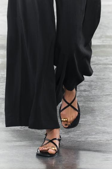 FLAT STRAPPY SANDALS WITH METAL ADORNMENT - Black by Zara - Image 0