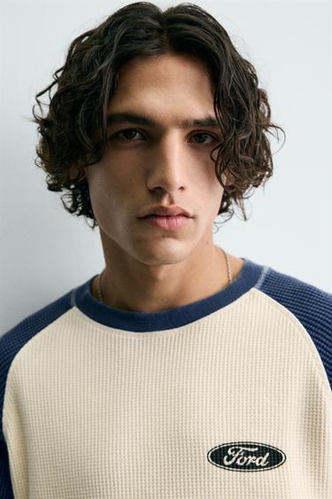 Zara FORD © COLOR BLOCK WAFFLE SHIRT - Blue / White