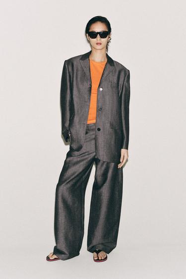 Zara ZW COLLECTION STRAIGHT-CUT LINEN BLAZER - Gray