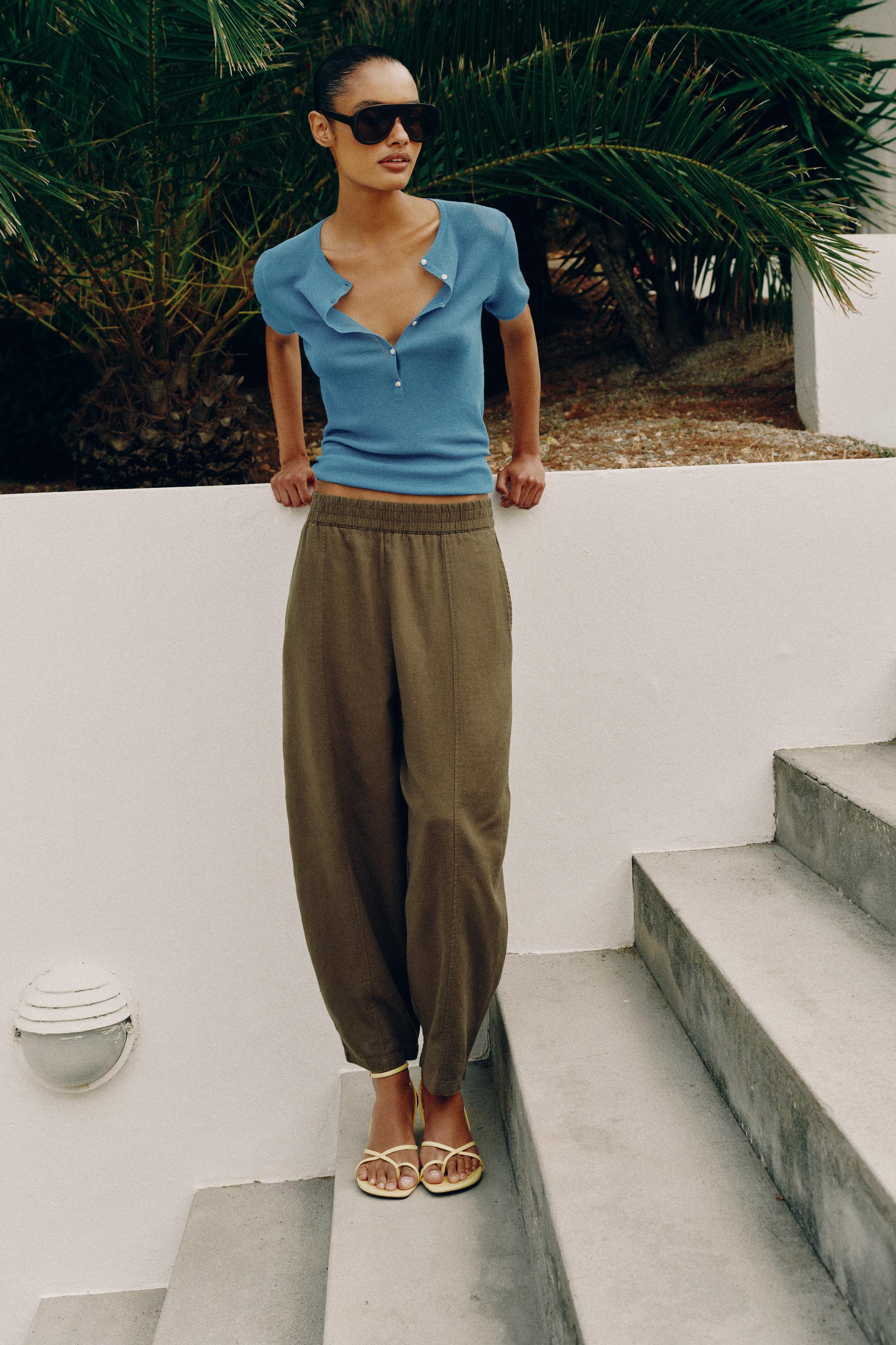 LINEN BARREL PANTS — Khaki