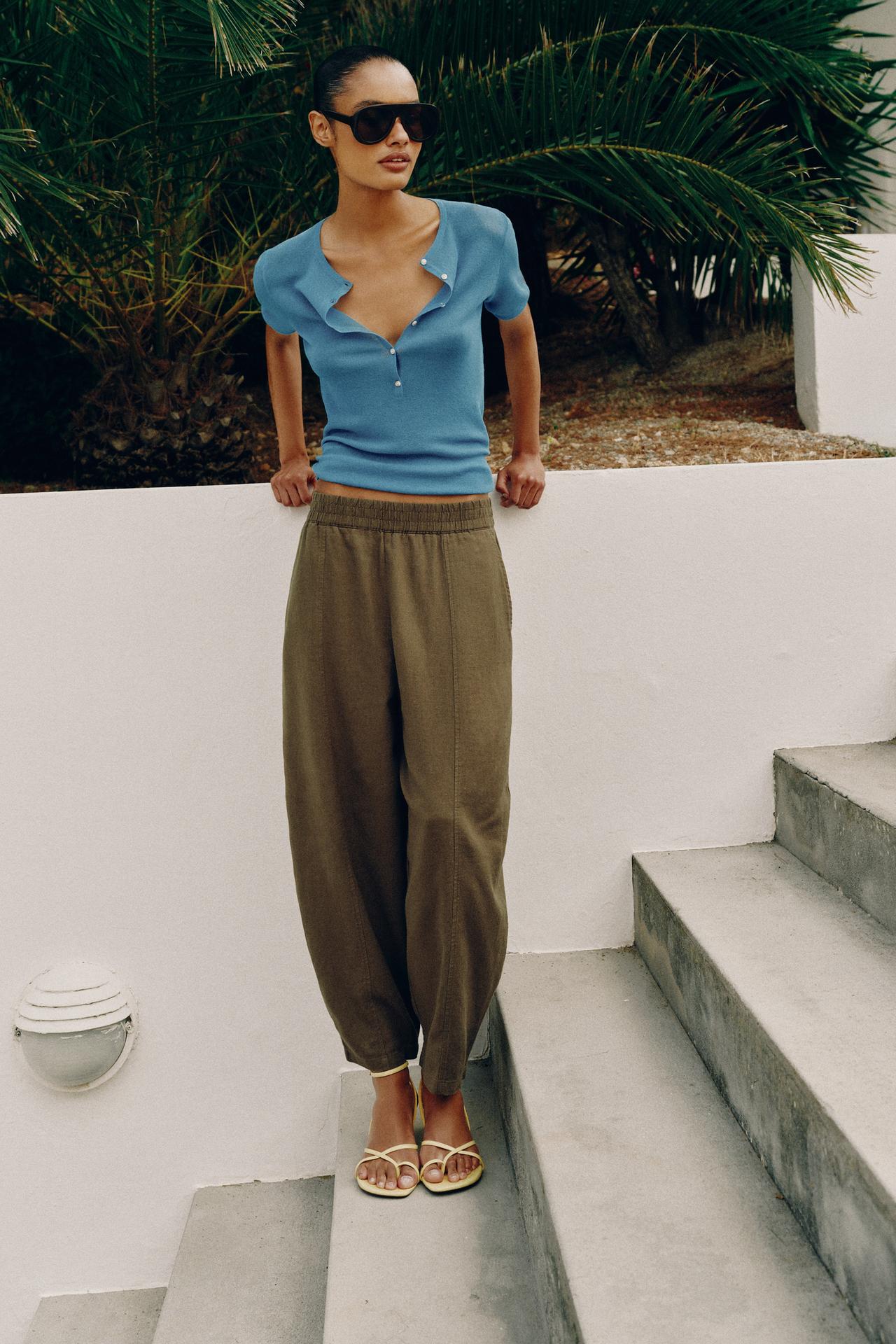 LINEN BARREL PANTS — Khaki