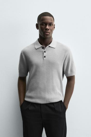Zara PEARL KNIT POLO SHIRT - Gray