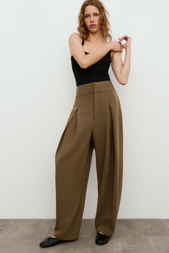 PANTALÓN BALLOON PLIEGUES - Khaki vigoré de Zara - Imagen 0
