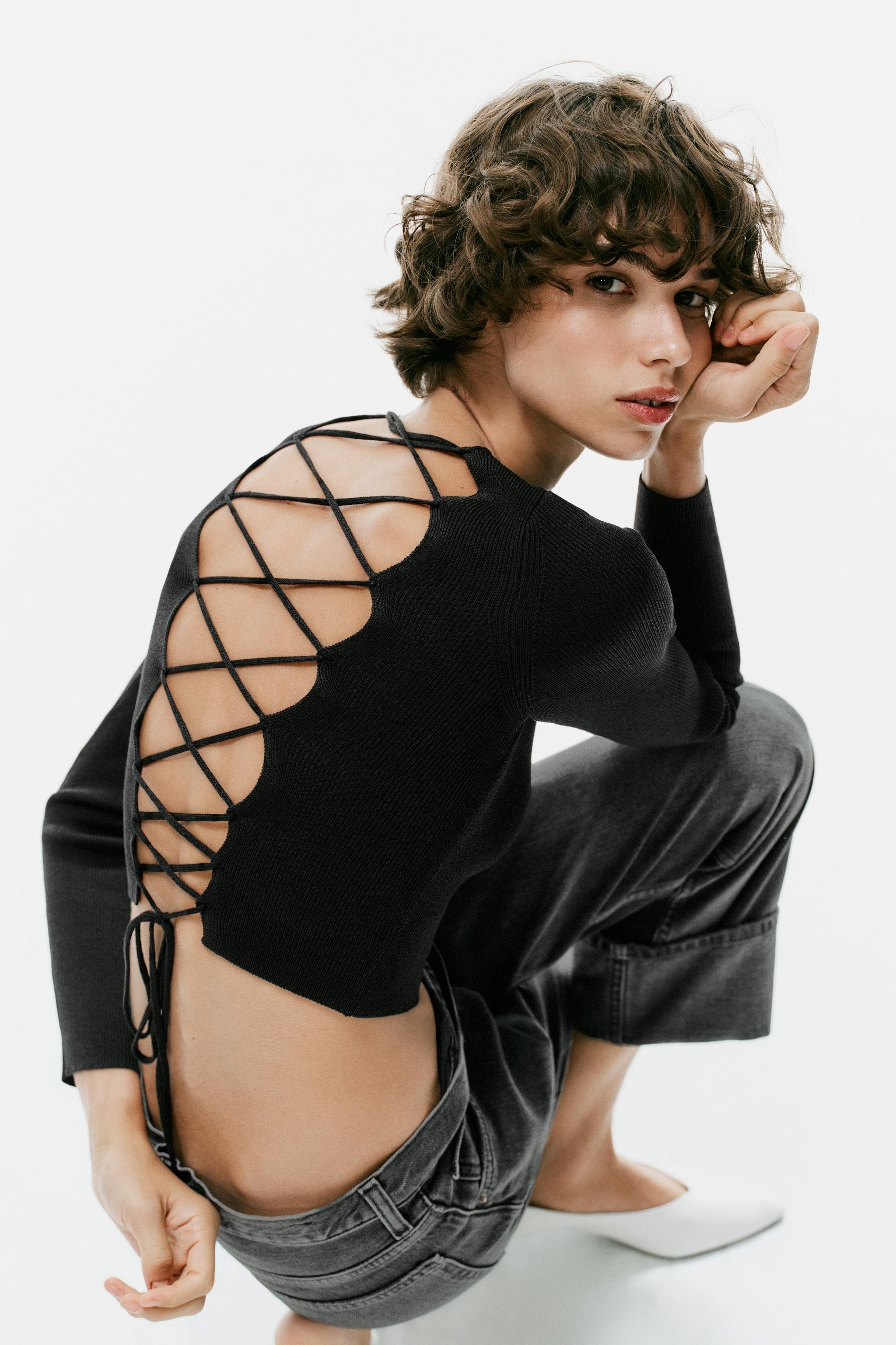 KNIT CROSSED BACK TOP — Black