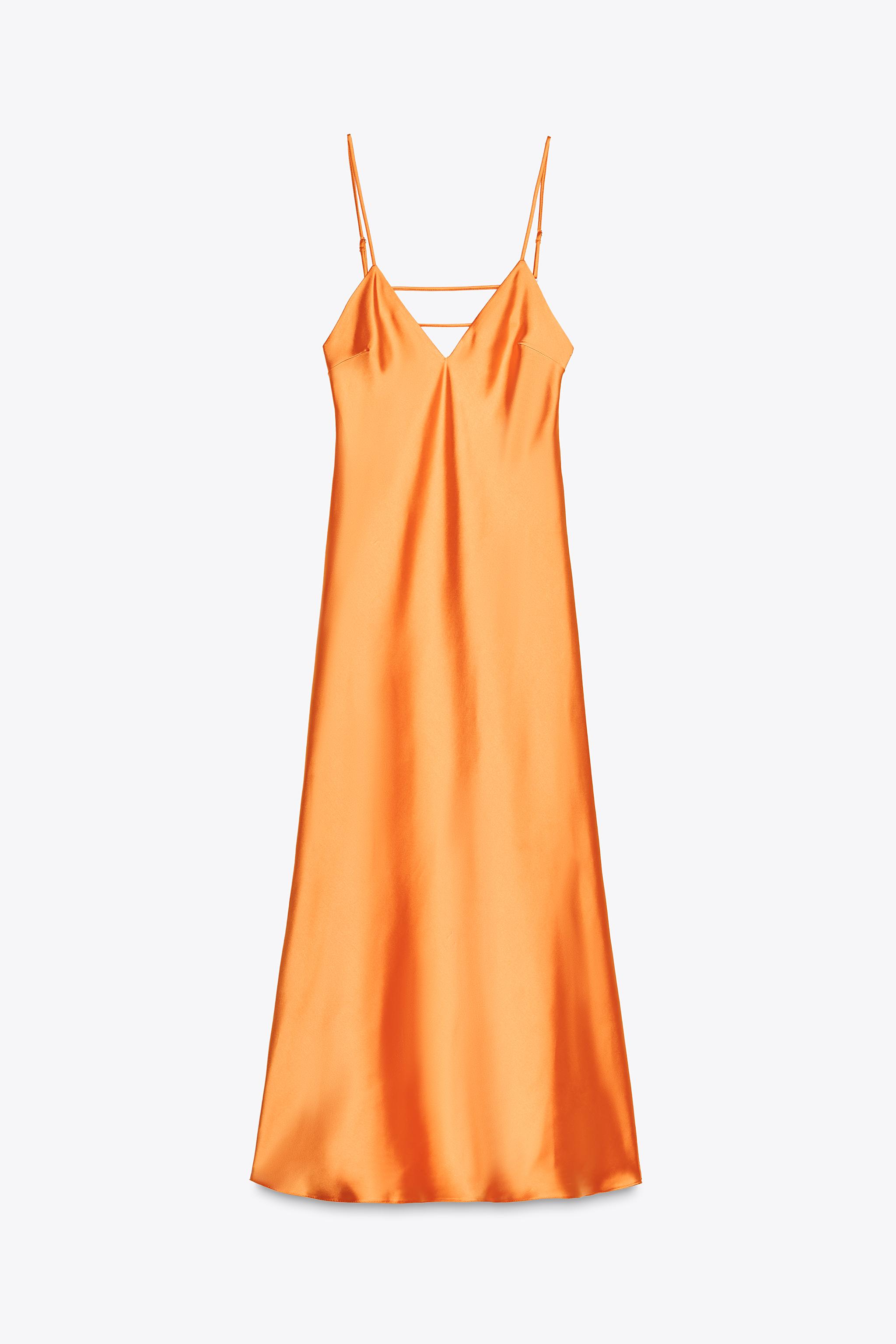 zara tangerine satin dress SLIT BATWING SLEEVE SATIN EFFECT DRESS - Orange