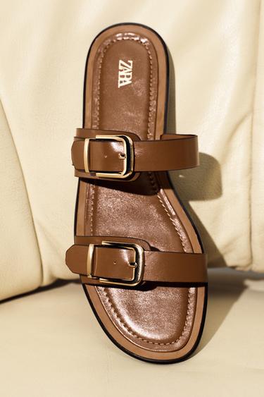 DOUBLE-STRAP BUCKLE FLAT SANDALS - Brown by Zara