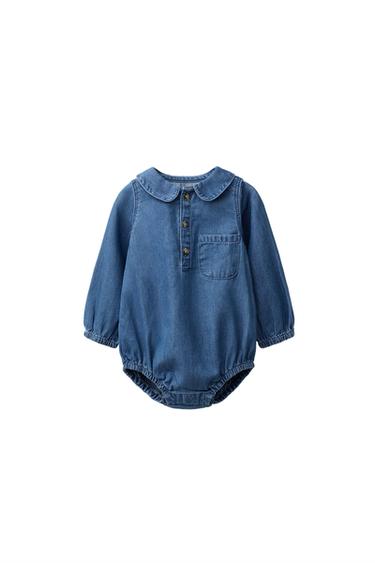 DENIM PETER PAN COLLAR BODYSUIT — indigo vigore 2