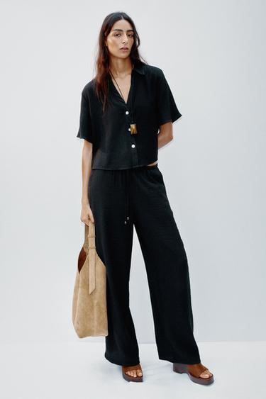 Zara ELASTIC WAIST WIDE LEG PANTS - Black - Image 0