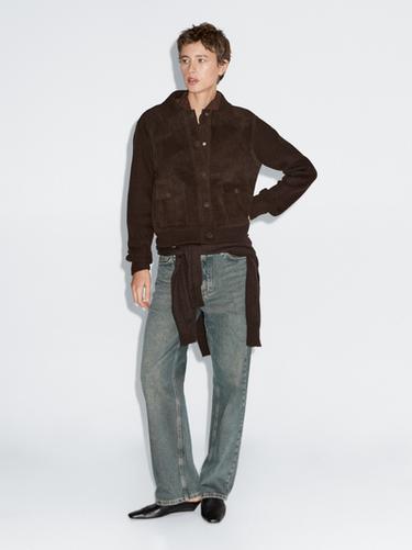 Zara Short knit cardigan with contrast suede leather - Chocolate