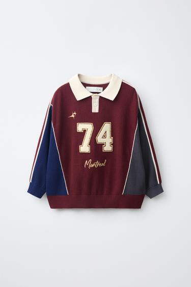 COLOUR BLOCK KNIT POLO SHIRT WITH NUMBER PATCH - Burgundy by Zara