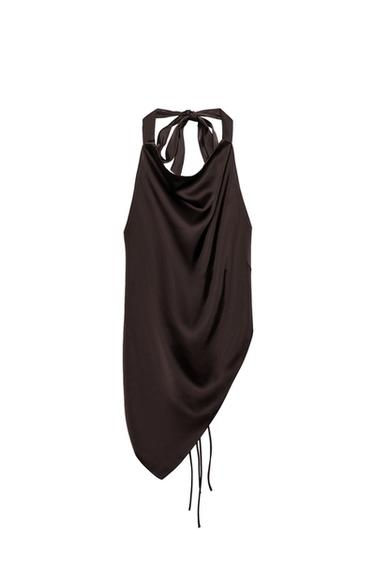 Zara ASYMMETRIC SATIN HALTER TOP - Dark eggplant