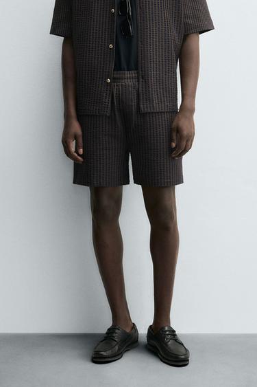 Zara COMFORT STRIPED SEERSUCKER SHORTS - Brown-Blue