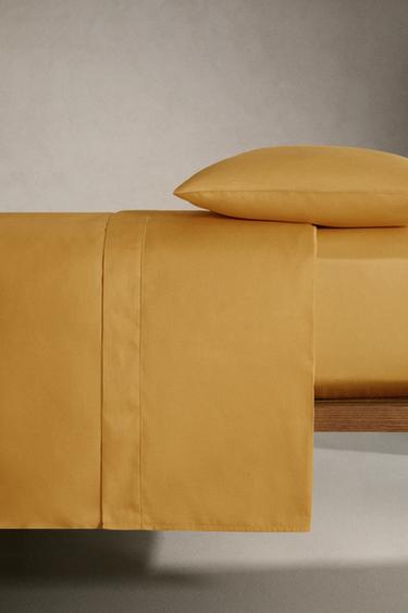 SATEEN FLAT SHEET WITH TRIM (300 THREAD COUNT) - Mustard by Zara - Image 2